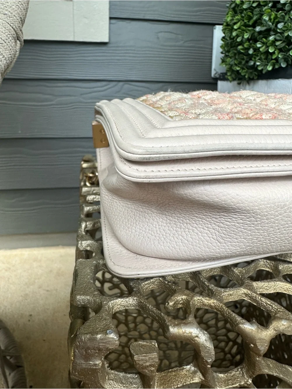 CHANEL Pink & Cream Tweed Boy Shoulder Bag with Gold Hardware